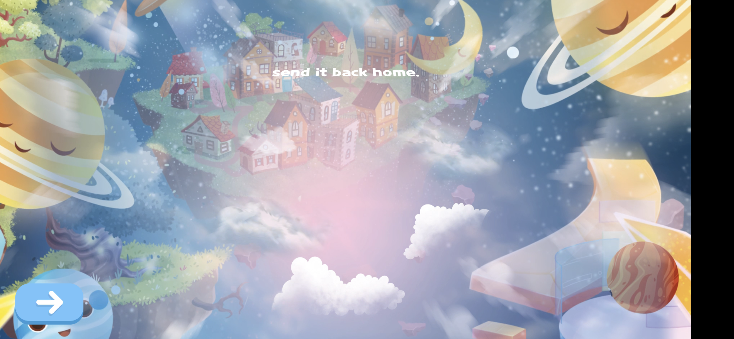 Storybook intro scene of a floating village among planets