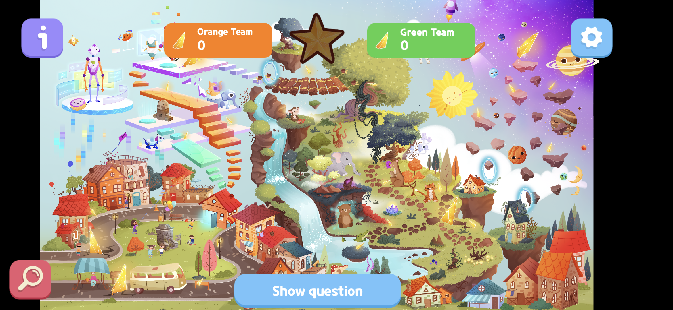 Illustrated game board with village, forest, and space scenes